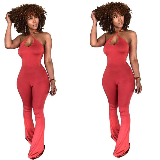 Solid Color Sexy Halter Jumpsuit with Flared Legs