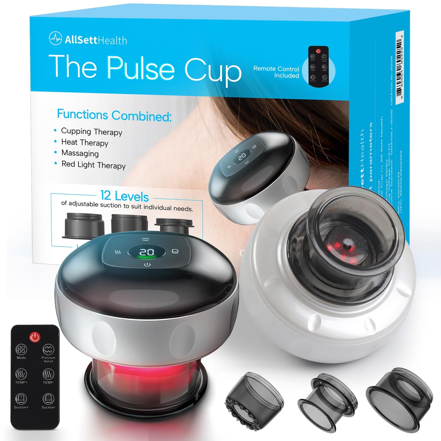 Electric Cupping Kit for Massage Therapy with Red Light - Cupping Set Includes 3 Smart Cups and Remote - Massager Device & Cupping Therapy Set for Back Muscle Soreness & Cellulite Reduction