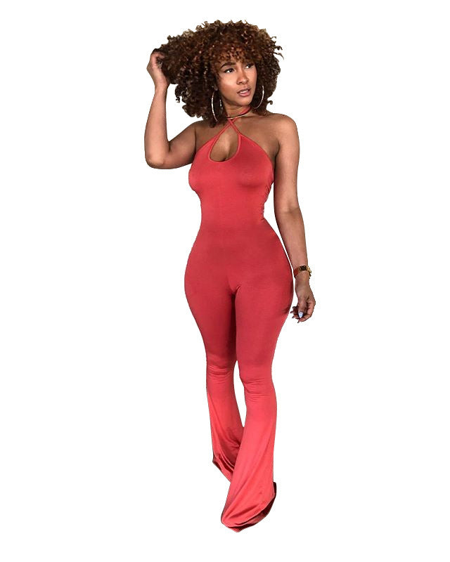 Solid Color Sexy Halter Jumpsuit with Flared Legs