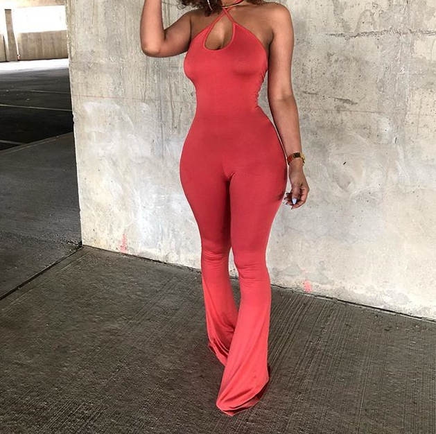Solid Color Sexy Halter Jumpsuit with Flared Legs