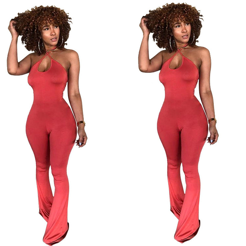 Solid Color Sexy Halter Jumpsuit with Flared Legs
